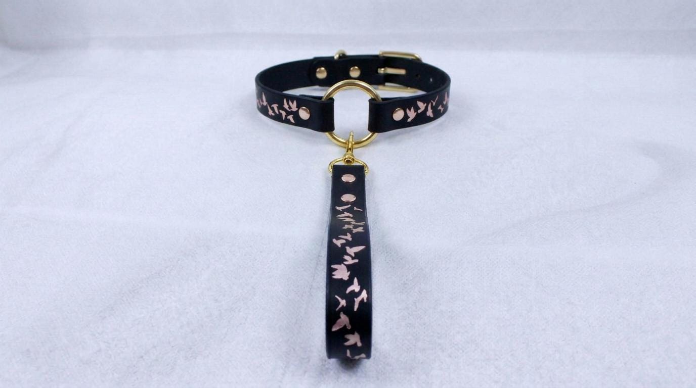 A black leather collar with a gold-colored metal buckle and a dangling tag, displayed on a white surface.