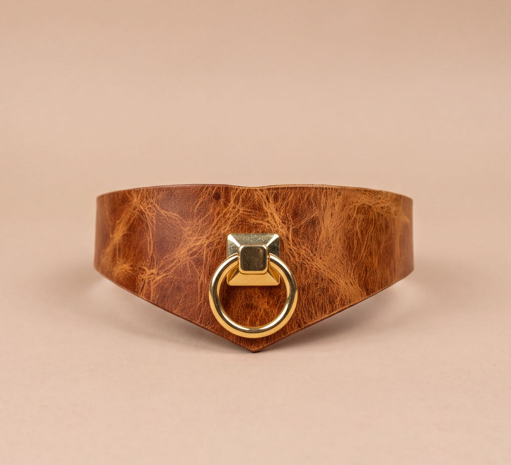 A brown leather choker necklace with a gold-colored metal ring on the front.