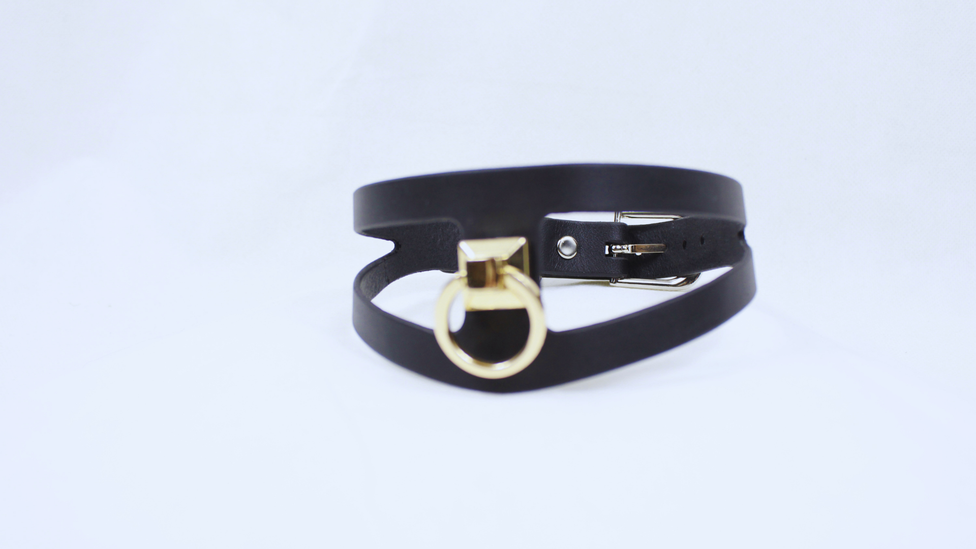 A black leather choker necklace with a gold-colored metal buckle.