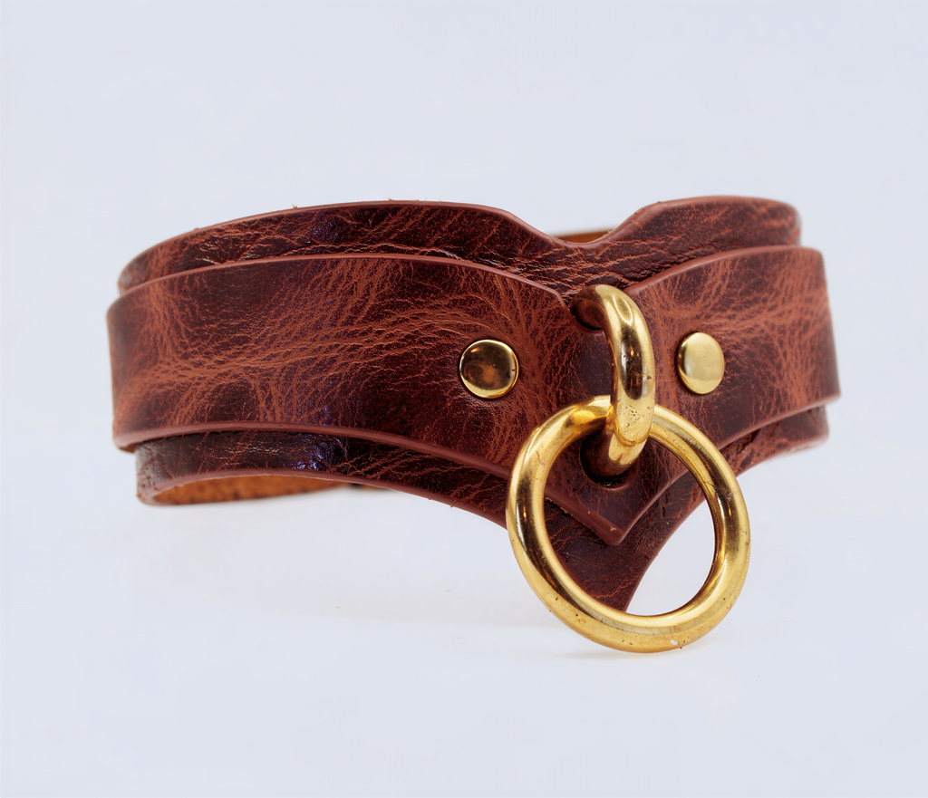 A brown leather choker necklace with a gold ring and buckle.