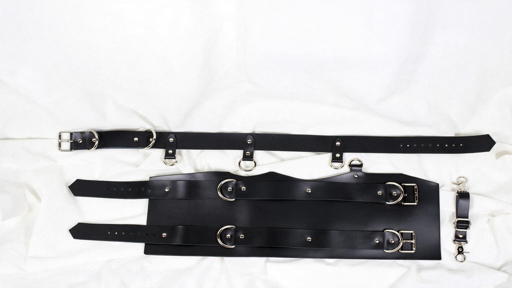 a collection of black leather straps and buckles, including a belt and a harness, laid out on a white background.