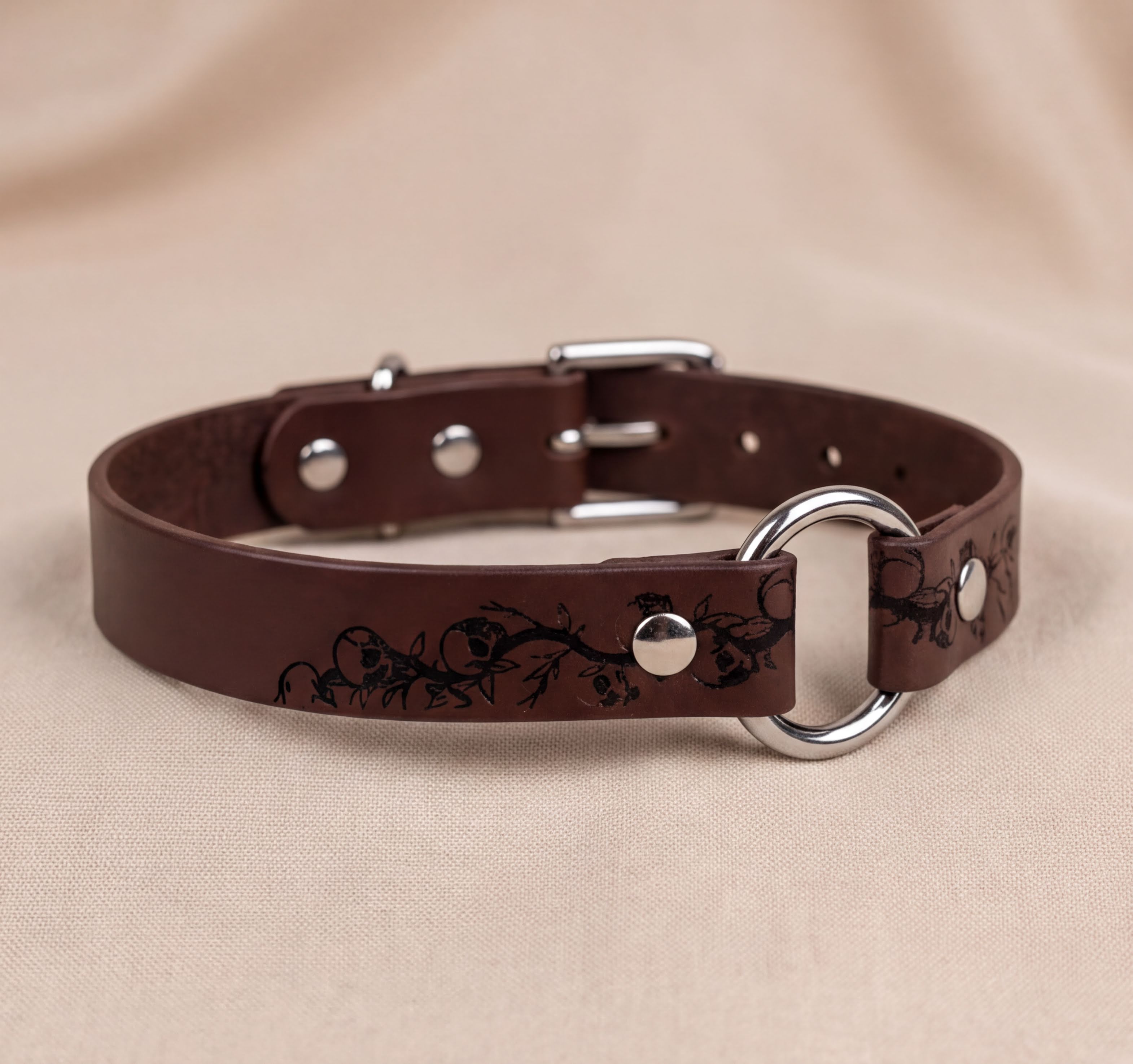 A brown leather collar with a metal ring and decorative elements on the strap.