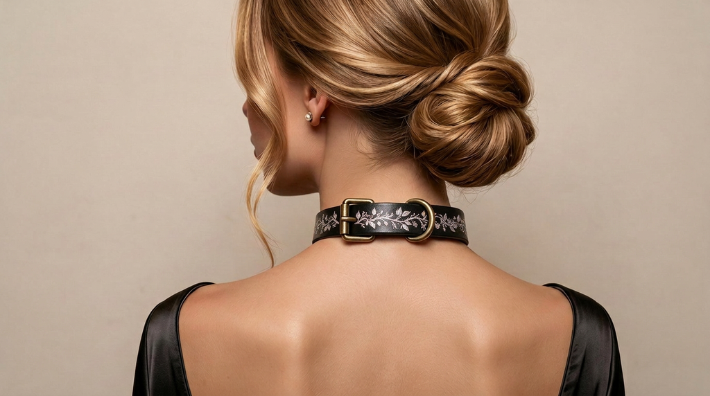 A woman with her hair styled in a bun, wearing a black dress with a floral pattern on the collar.