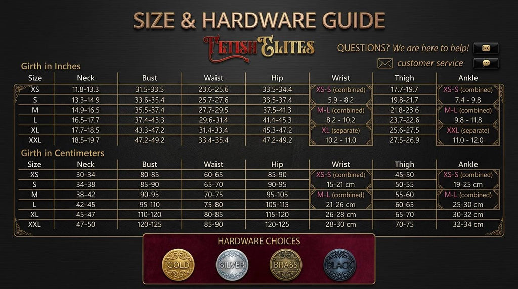 The image is a size and hardware guide for a product, likely a clothing item or accessory, with various measurements and corresponding sizes listed.