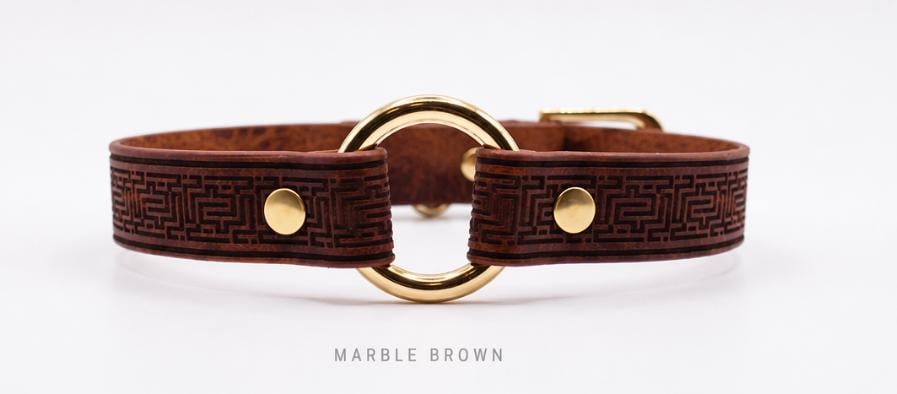 A brown leather collar with a gold-colored metal ring and two gold-colored metal studs.