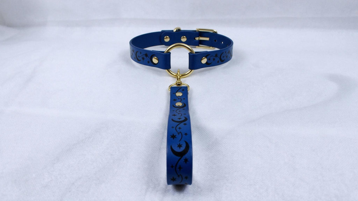 A blue collar with a gold buckle and a black star-and-crescent design on it.