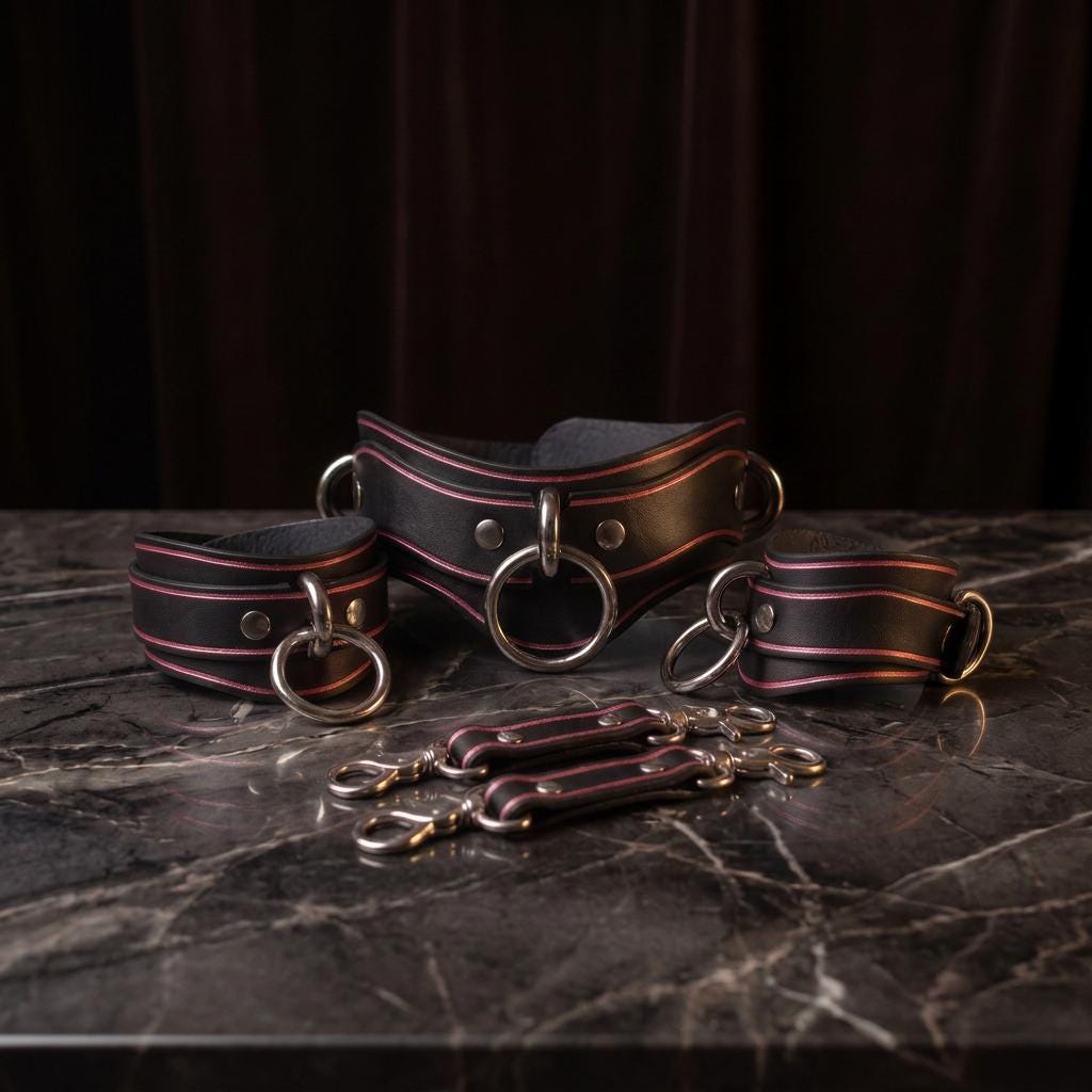 A set of black leather straps with metal rings and buckles, arranged on a marble surface.