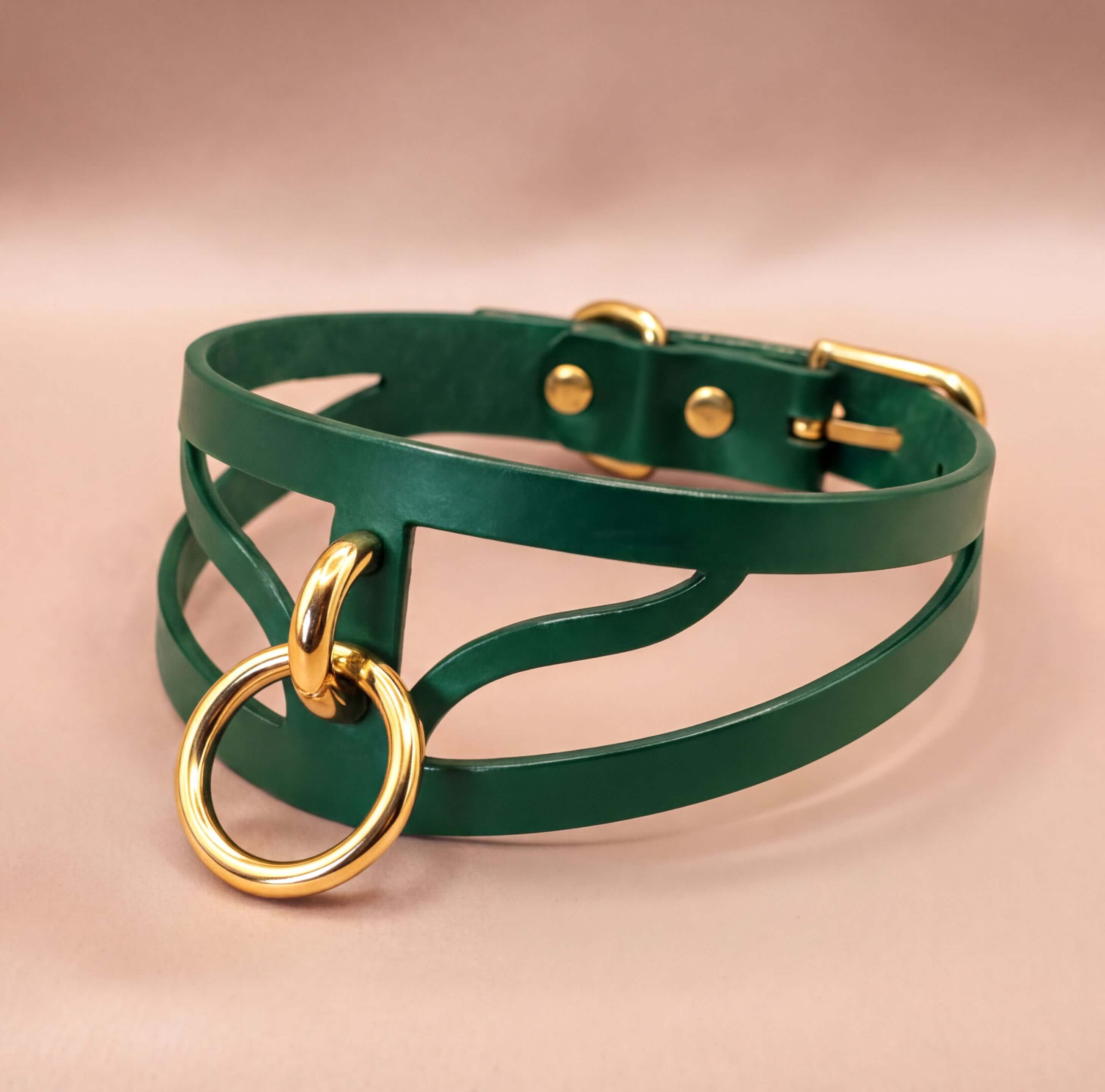 A green leather choker necklace with a gold-colored metal ring and buckle.