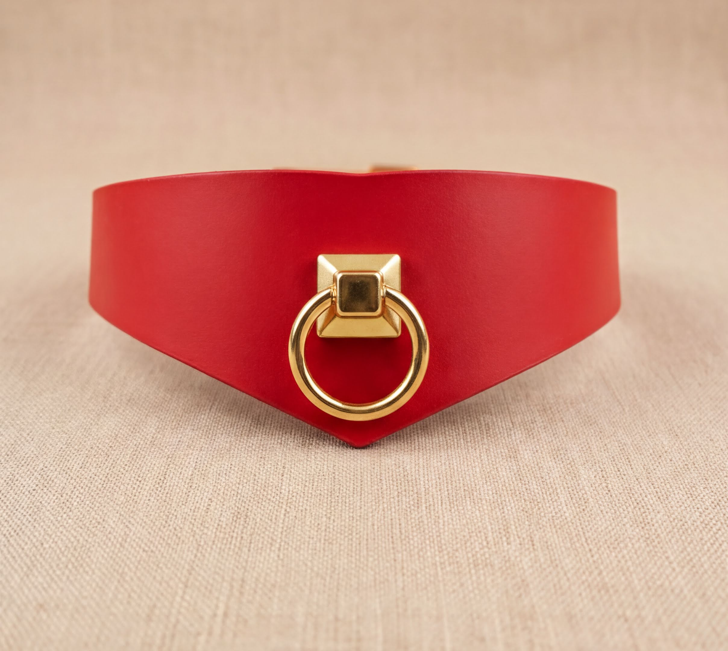 A red leather choker necklace with a gold-colored metal ring on the front.