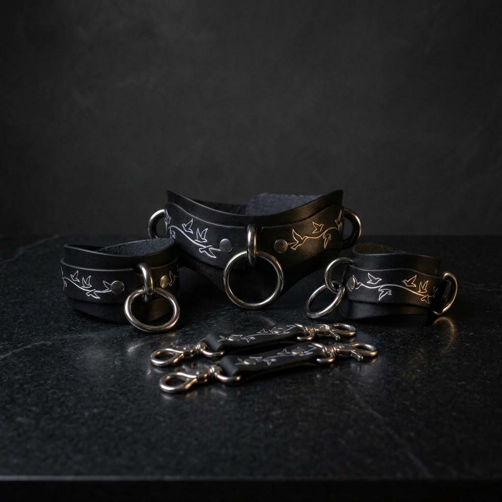 a set of black leather straps with metal rings and buckles, arranged on a dark surface.