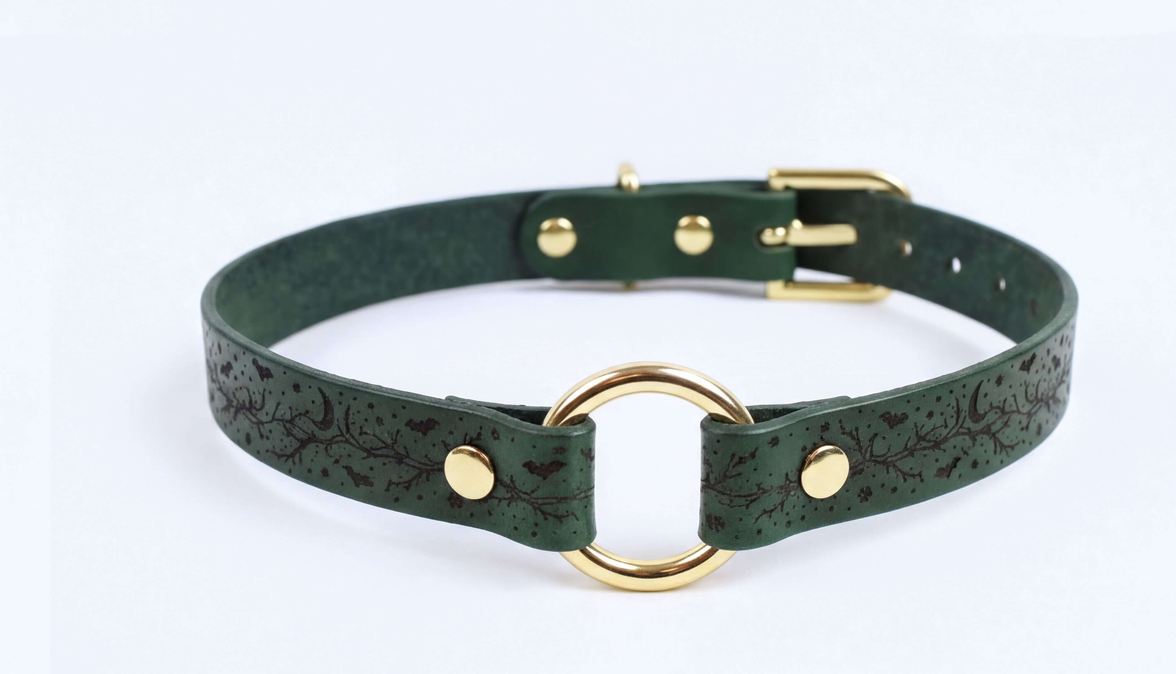 A green leather choker collar with a gold ring and buckle.
