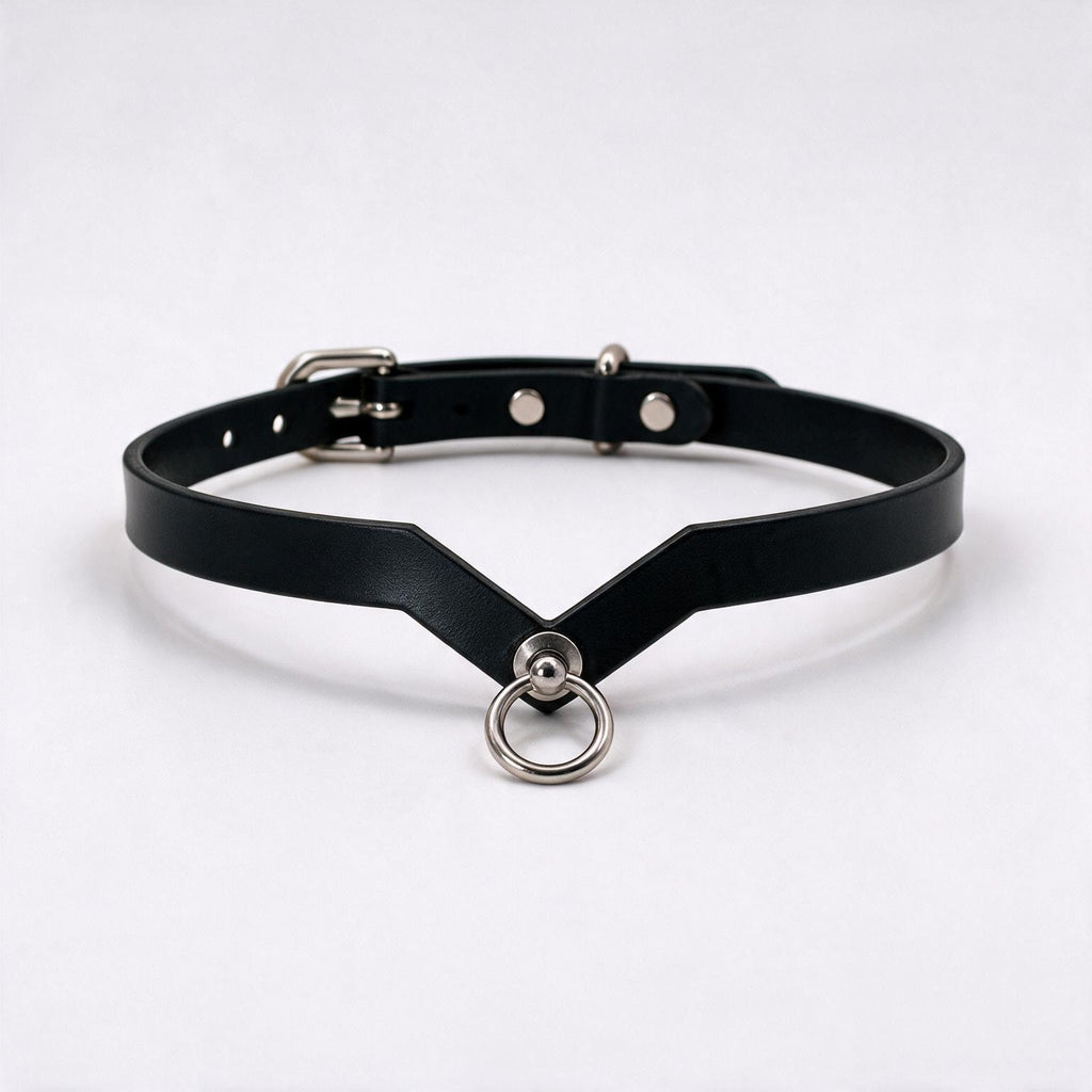A black leather choker necklace with a metal ring and buckle.