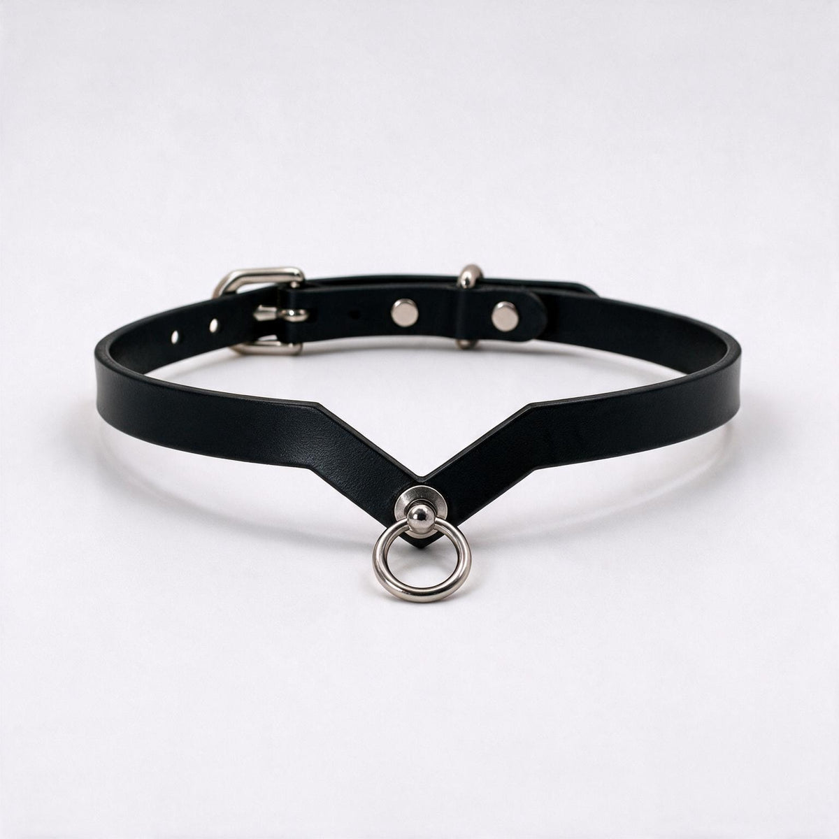 A black leather choker necklace with a metal ring and buckle.