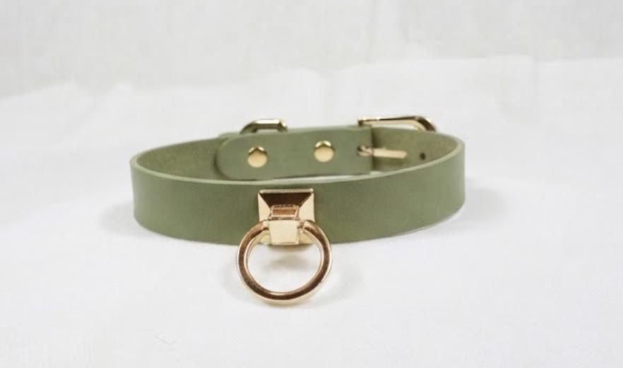 A green leather choker necklace with a gold-colored metal clasp and a round metal ring.
