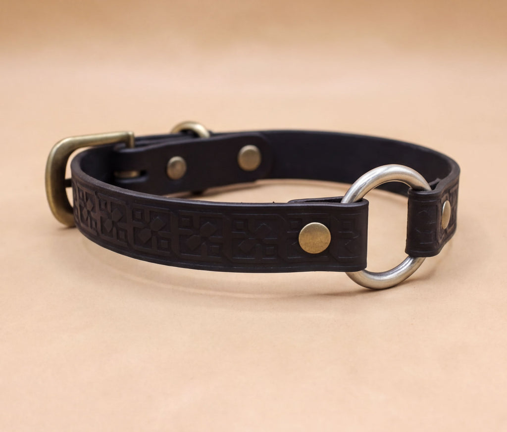 A black leather dog collar with metal rings and buckles, resting on a beige background.