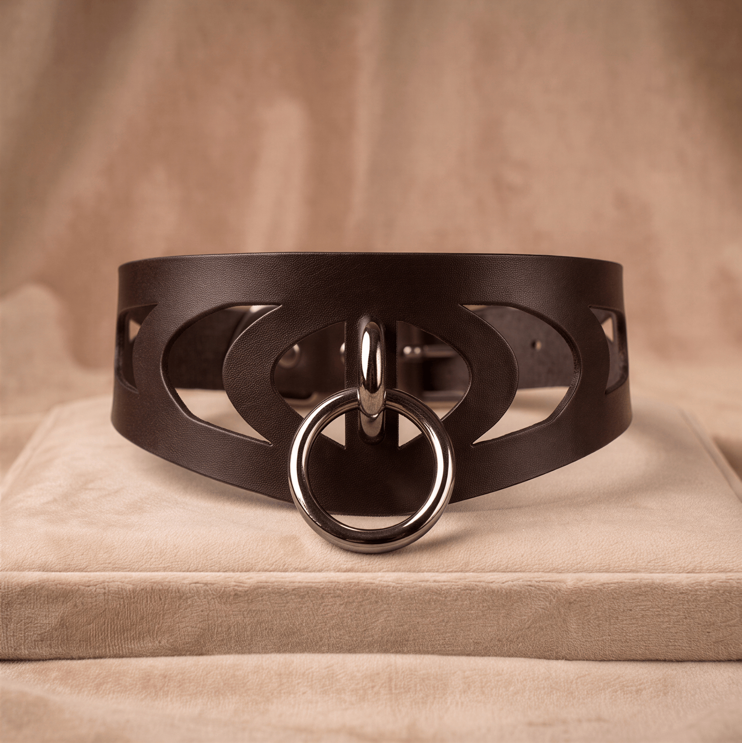A brown leather choker necklace with a metal ring and cutout design.