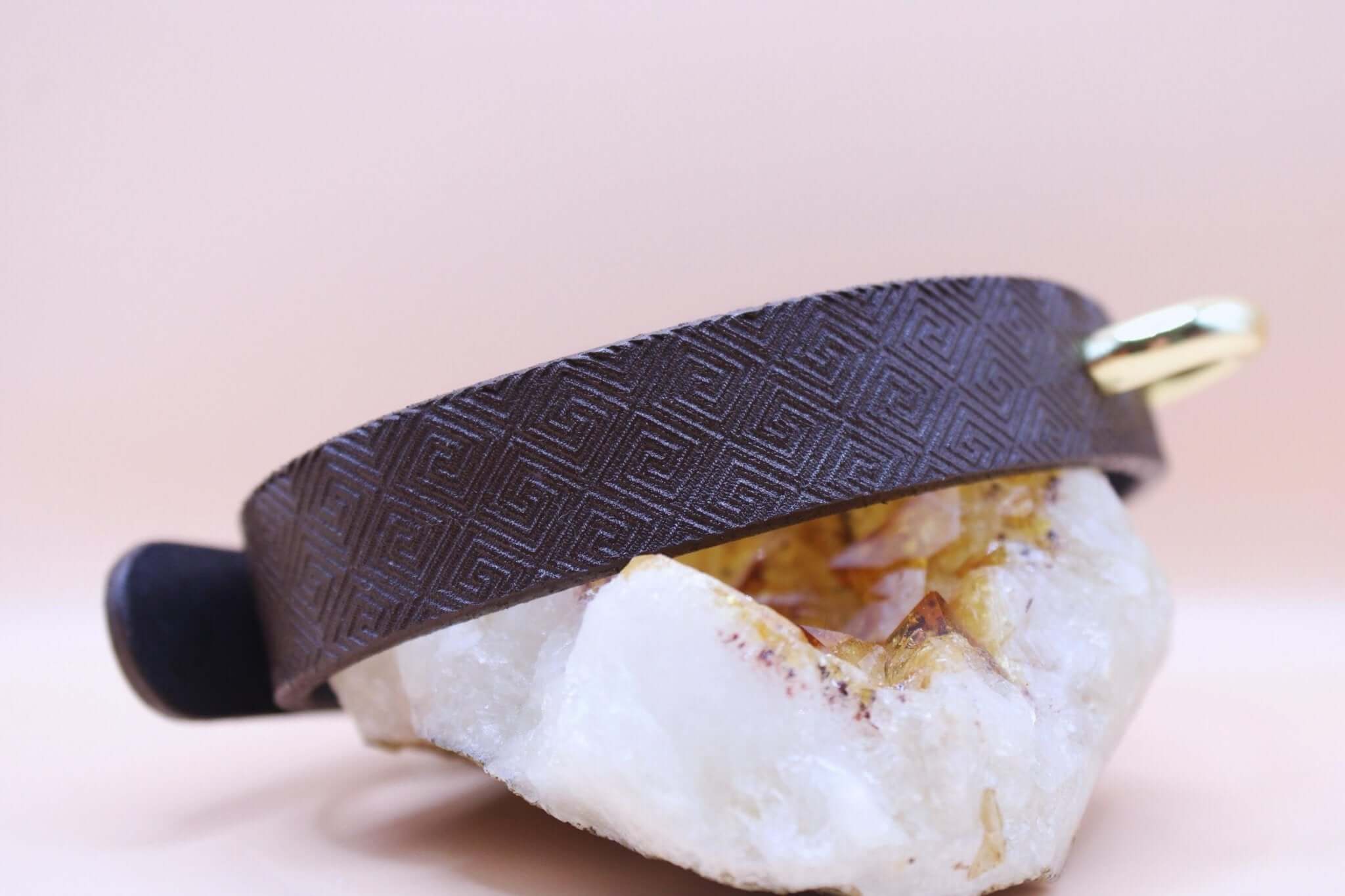 Elegant dark brown leather discreet day collar with geometric pattern, perfect for BDSM jewelry and submissive accessories.