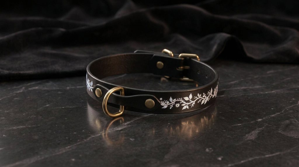 A black leather collar with a gold-colored buckle and a white floral design on the band, resting on a dark surface.