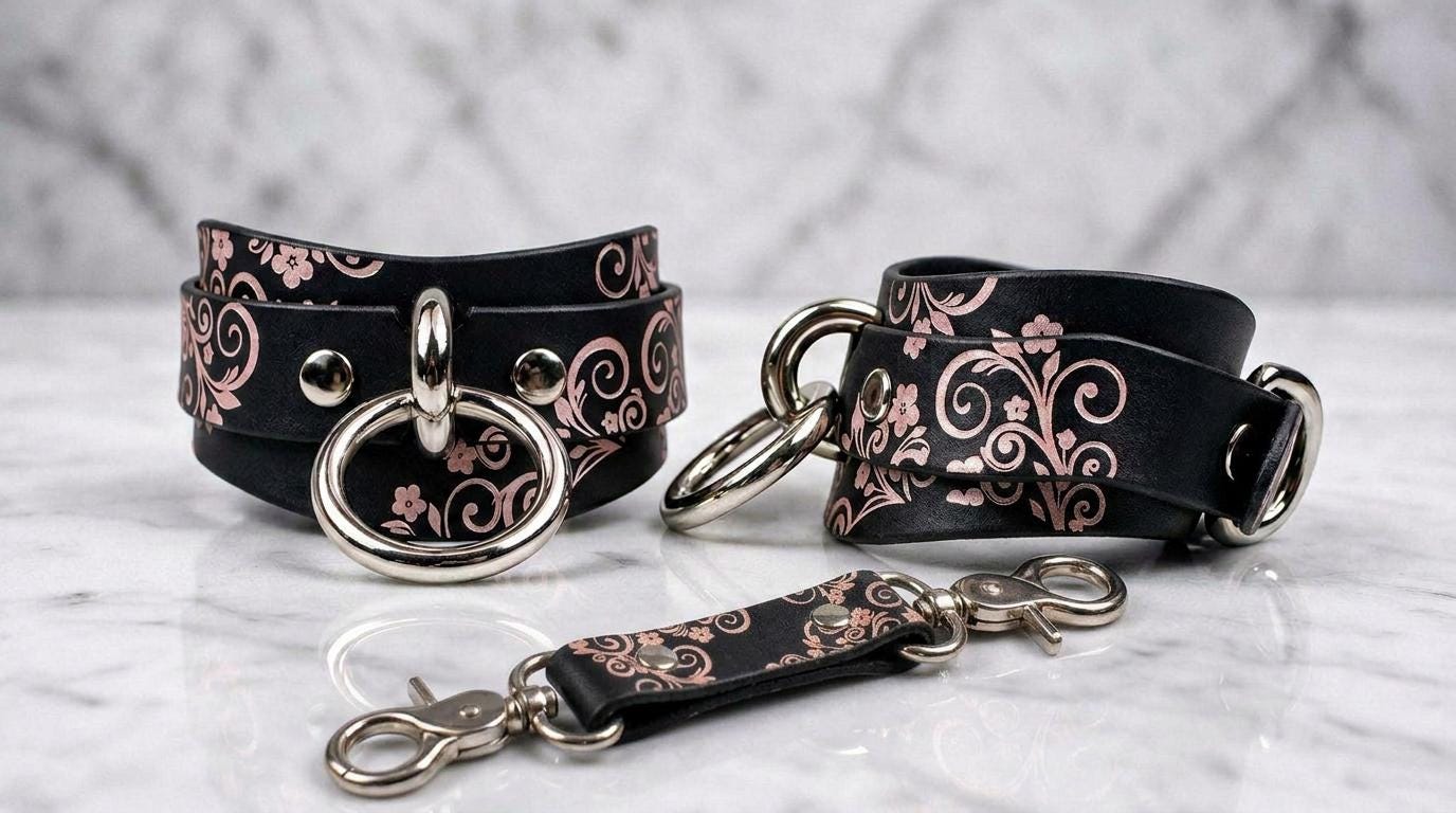 a set of black leather straps with floral designs and metal rings, arranged on a marble surface.