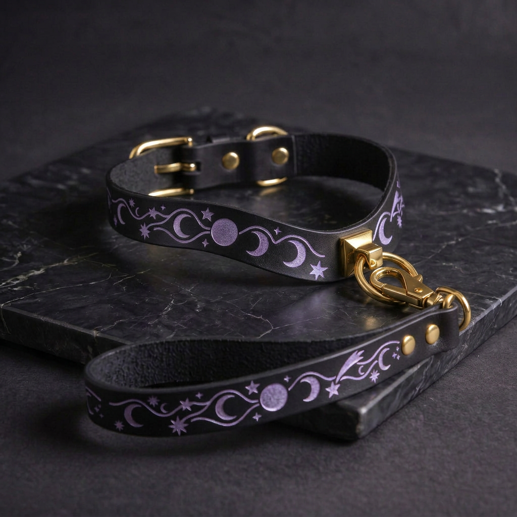 A black leather dog collar with a purple and white star and crescent design, and a gold-colored metal buckle, resting on a black marble surface.