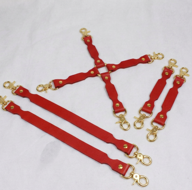 a collection of red leather straps with gold hardware, including metal clasps and buckles, arranged on a white background.