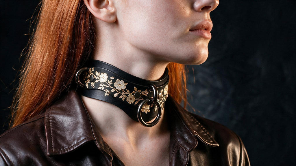 A close-up of a woman wearing a black choker necklace with a floral design, against a dark background.