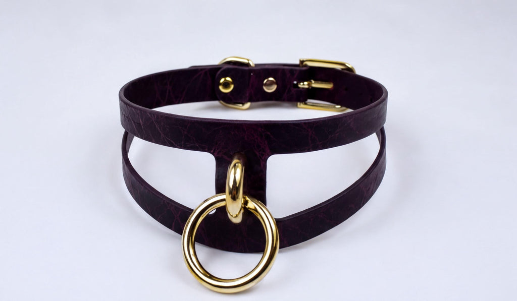 A dark purple choker necklace with a gold-colored metal ring and buckle.