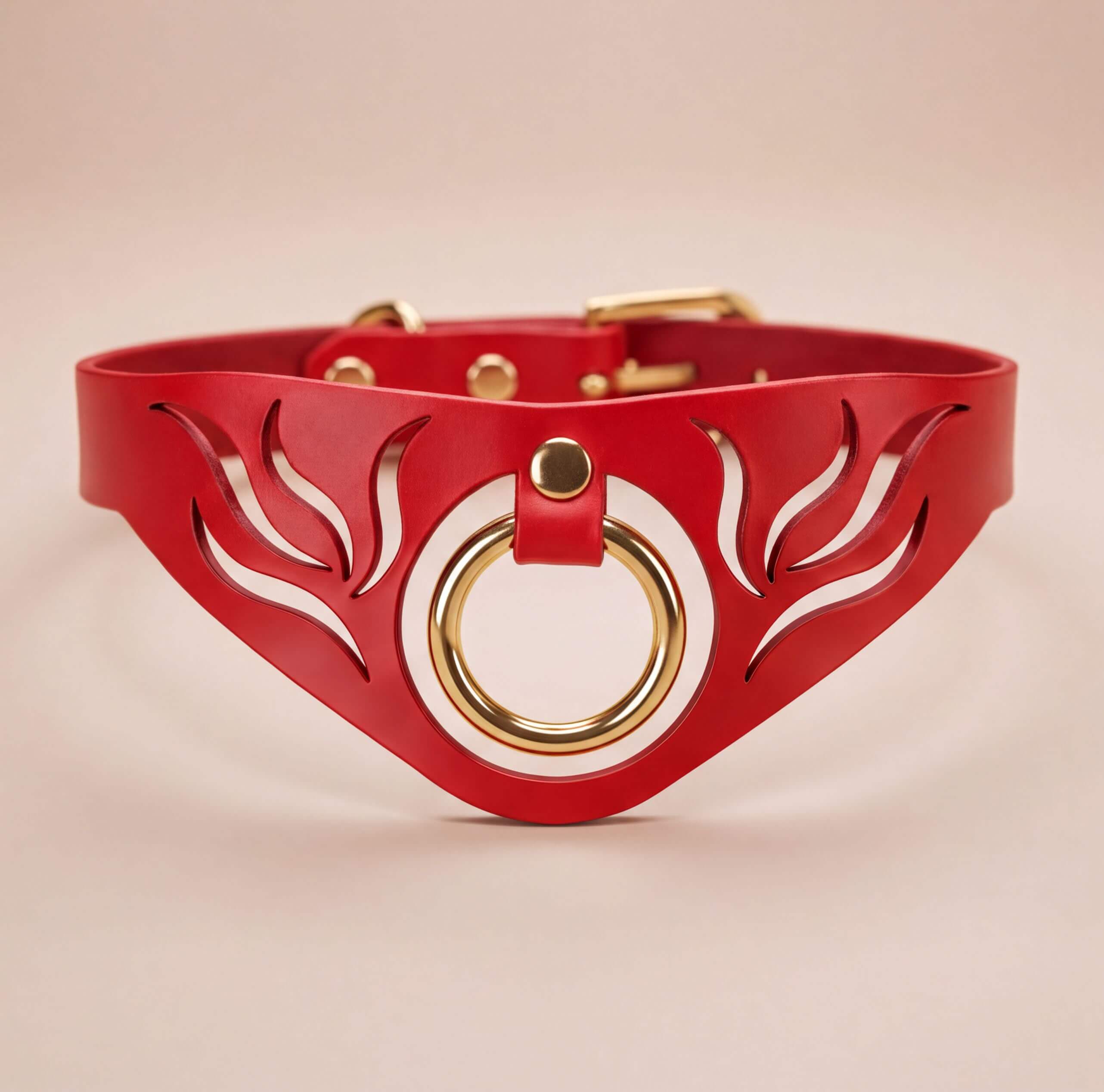 A red leather choker necklace with a gold-colored circular ring and a cutout design on the front.