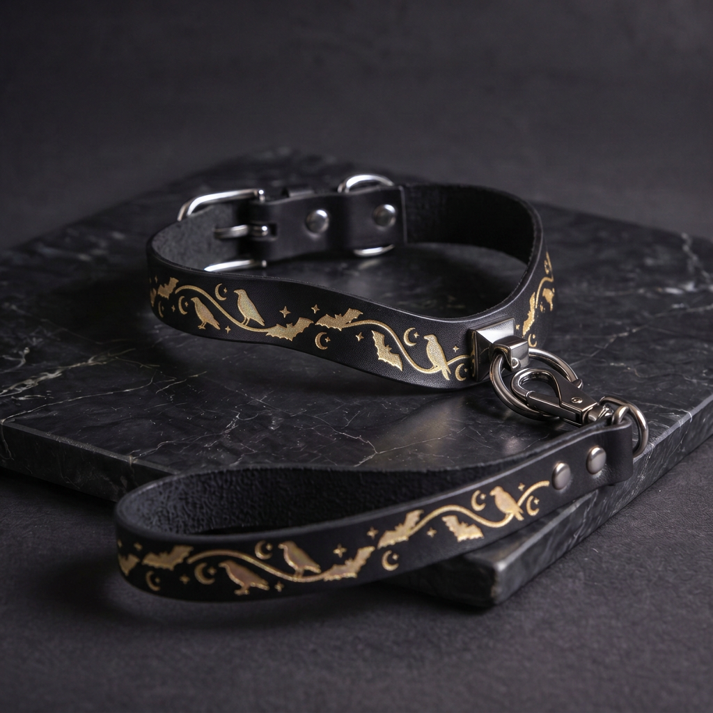 A black leather collar with a gold bat and moon design, and a black leash with a gold bat design, both resting on a black marble surface.