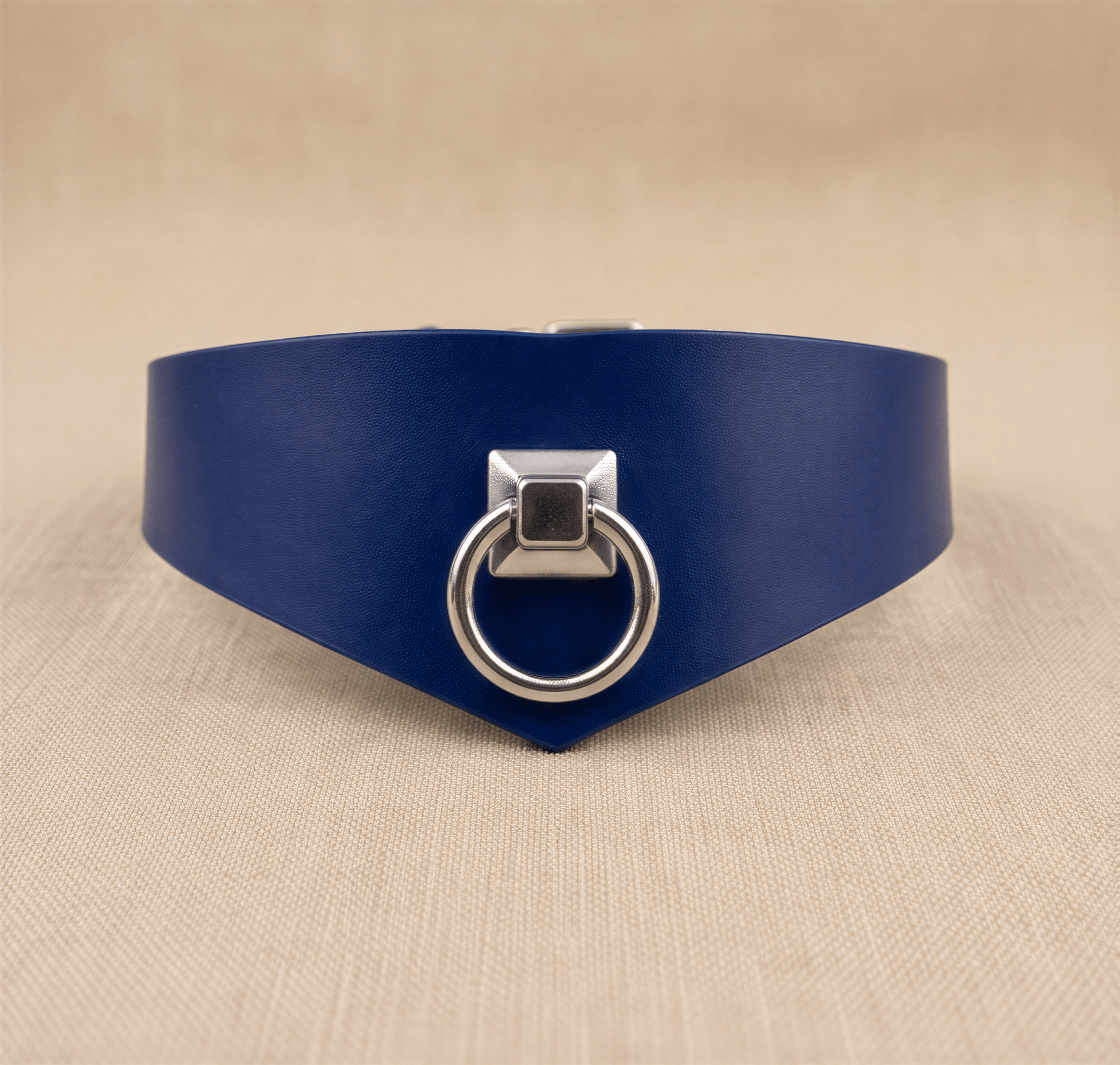 A blue leather choker necklace with a silver metal ring and a square metal piece on the front.