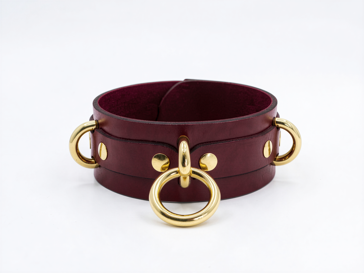 A burgundy leather choker necklace with gold-colored metal rings and a buckle.