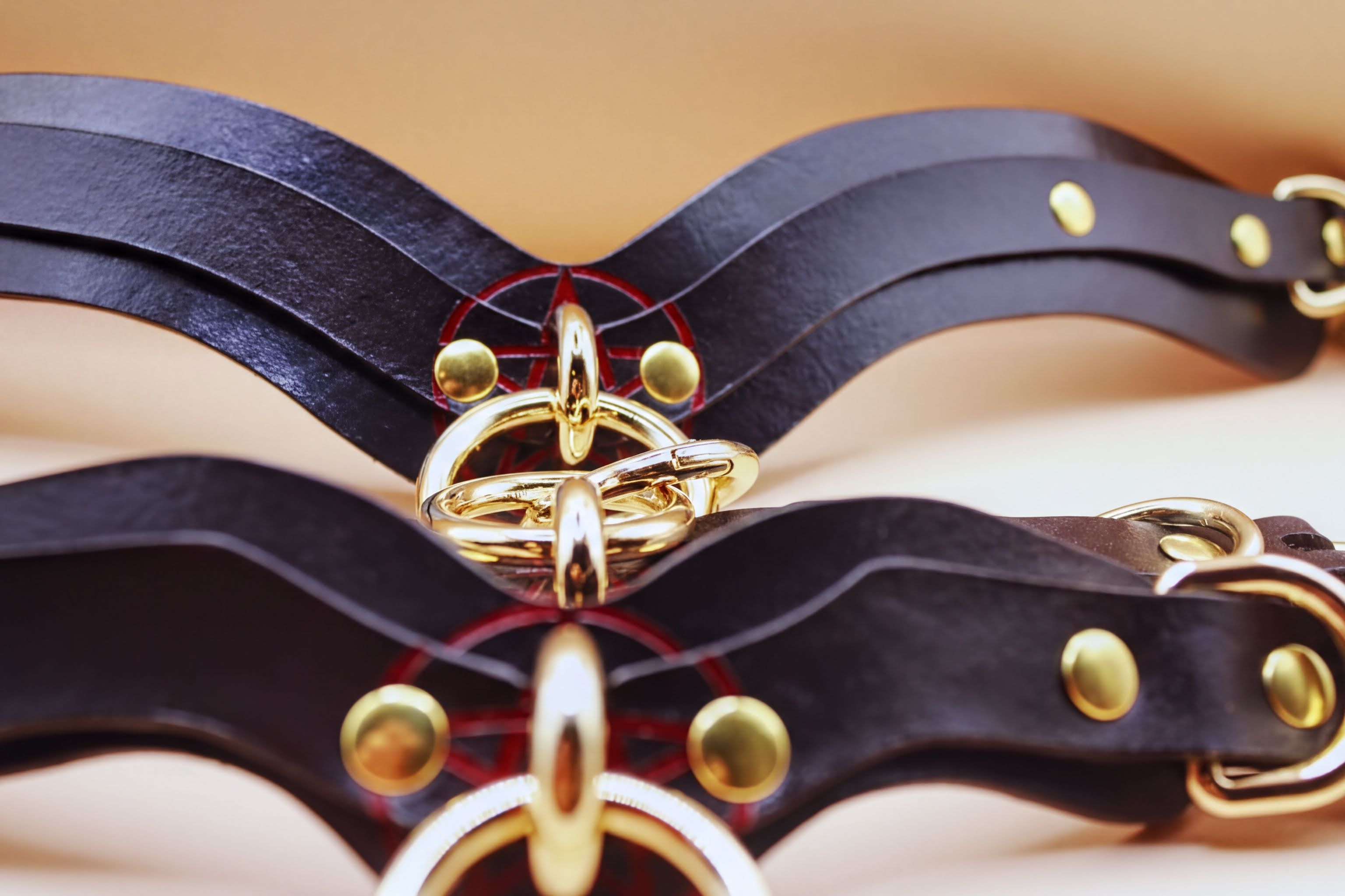 BDSM collar set featuring sleek black leather with gold hardware, ideal for bondage gear and submissive jewelry.