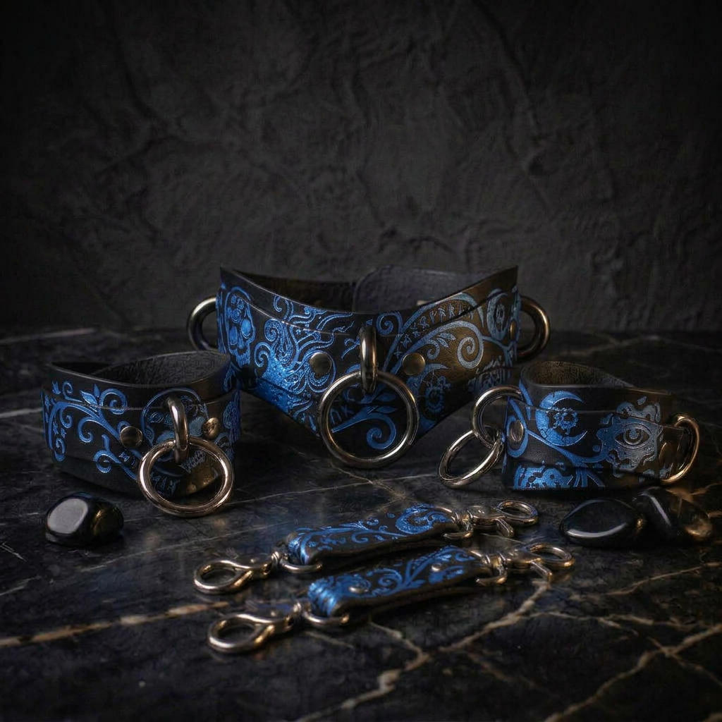A collection of ornate leather straps with intricate blue floral designs, arranged on a dark surface.