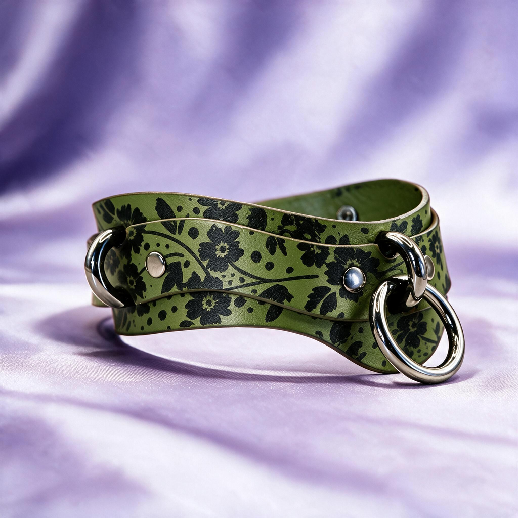 A green leather choker necklace with a floral pattern and metal rings on the ends, resting on a purple background.