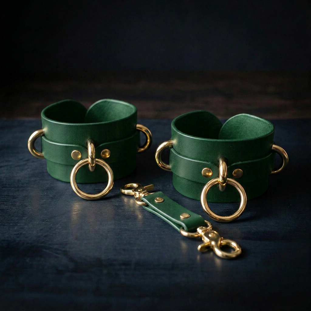 a pair of green leather cuffs with gold-colored metal rings and a matching leather strap, arranged on a dark surface.