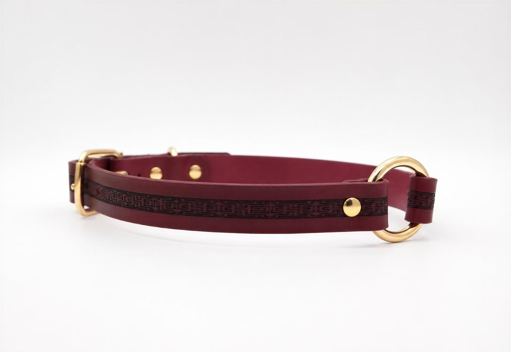 A burgundy leather dog collar with a gold-colored buckle and two gold-colored buckles.