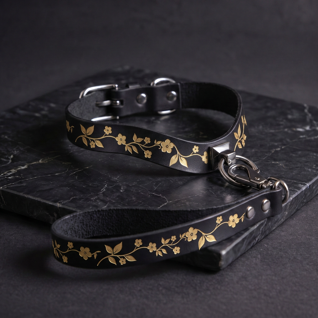 A black leather collar with a floral pattern and a matching leash is displayed on a black marble surface.