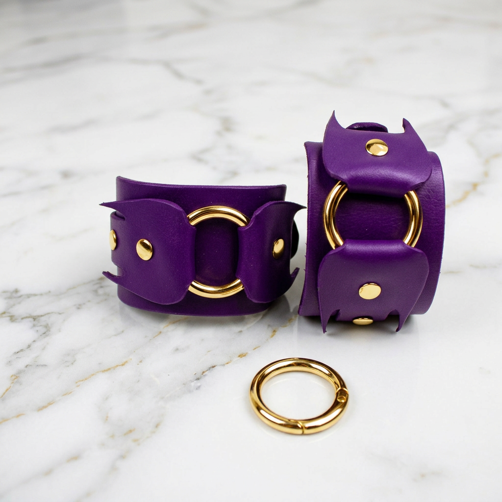a pair of purple leather cuffs with gold hardware, including rings and buckles, placed on a marble surface.