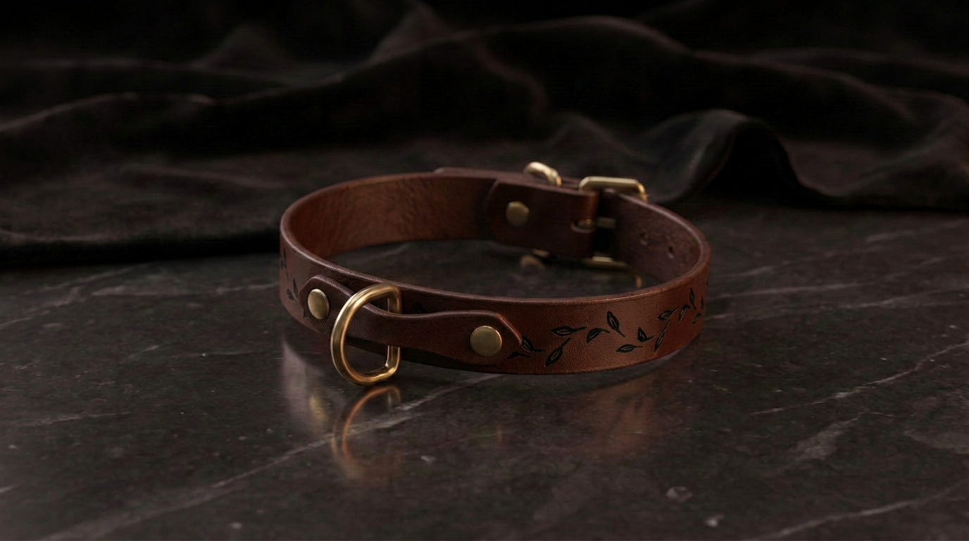 A brown leather collar with a leaf design sits on a dark surface.