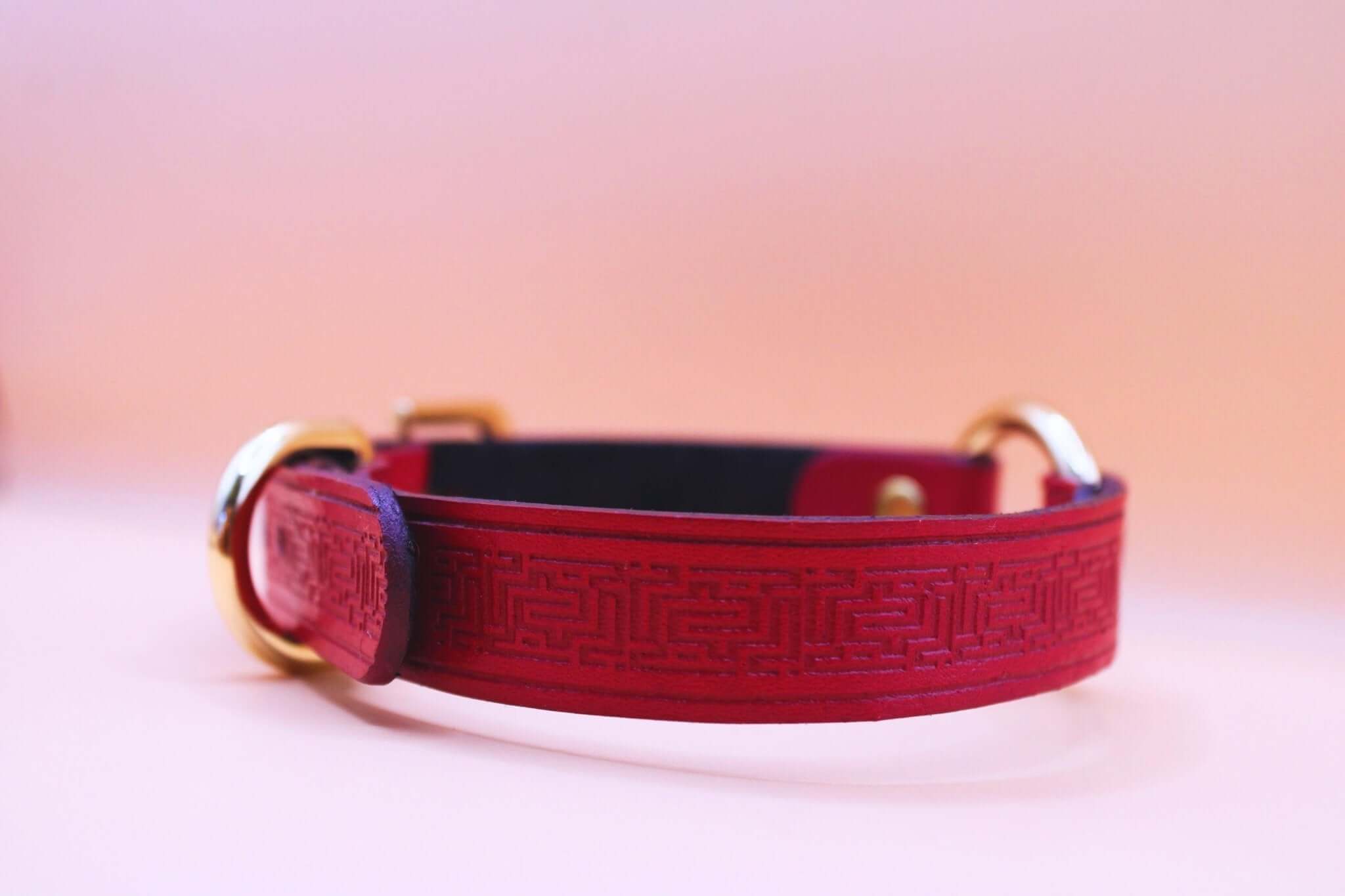 Deep red leather sub collar with golden O-ring, perfect BDSM jewelry for submissives and discreet day wear.