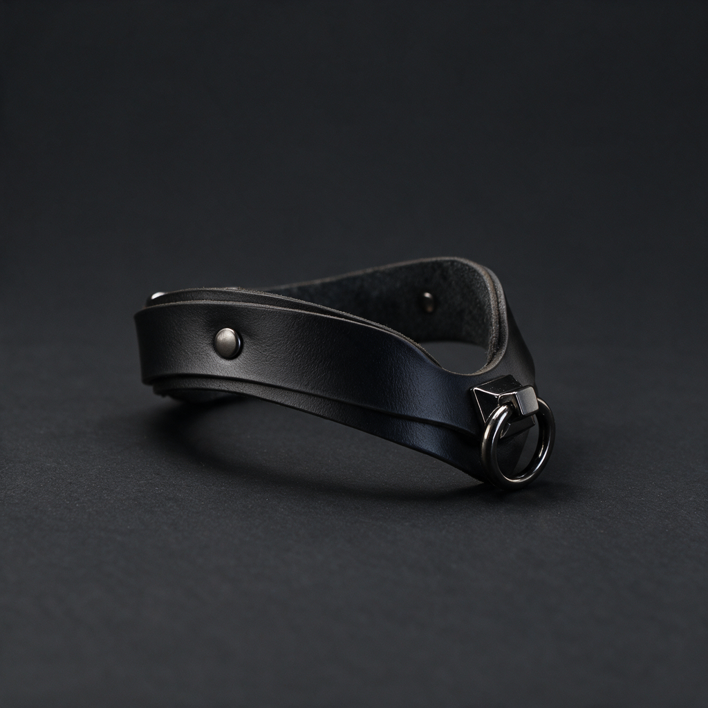 A black leather choker necklace with a metal clasp and a round metal ring is shown against a dark background.