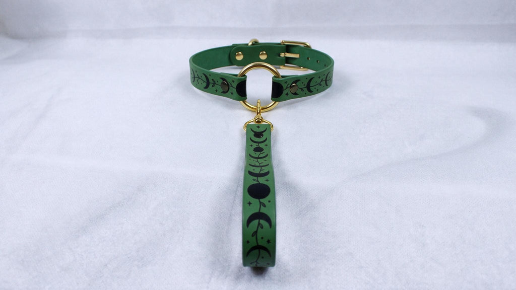A green collar with a gold buckle and a black and white pattern on the strap is displayed against a white background.