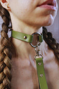 Elegant olive green leather discreet day collar and leash set for BDSM and submissive style.