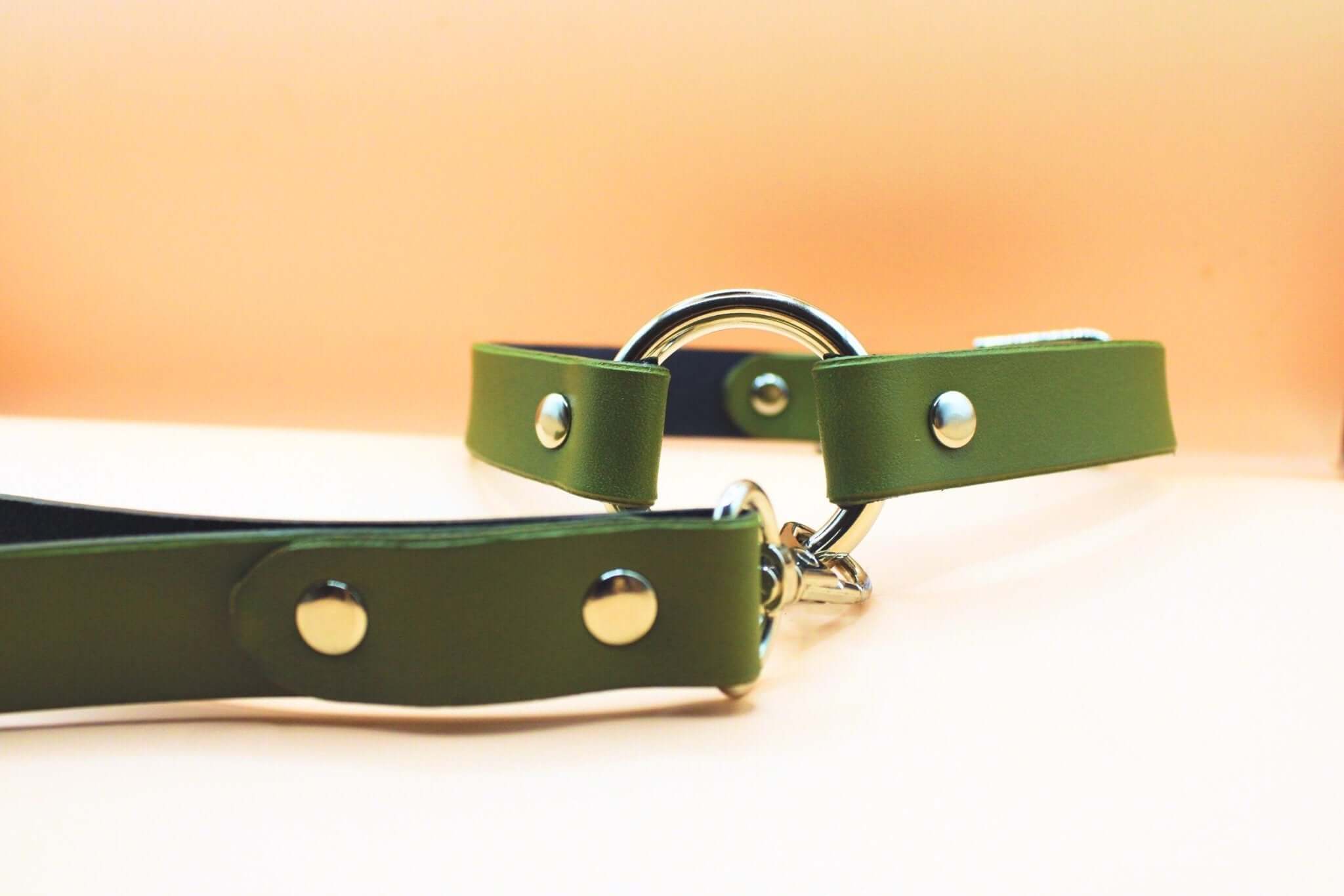 Olive green leather collar and leash set with silver hardware, perfect for discreet BDSM and submissive jewelry.