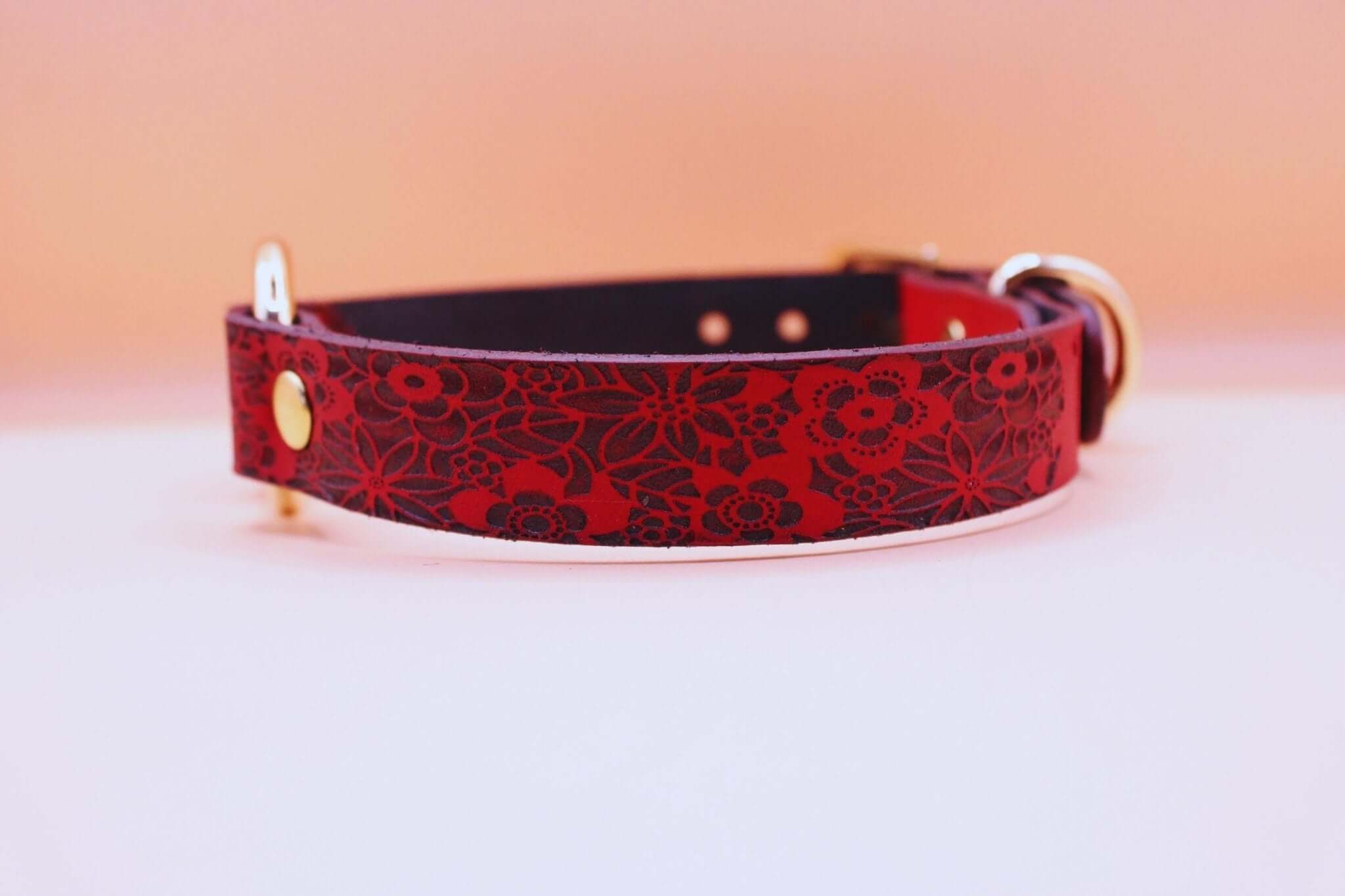 Handmade red floral leather collar, perfect as a discreet day collar for submissive play and bondage accessories.
