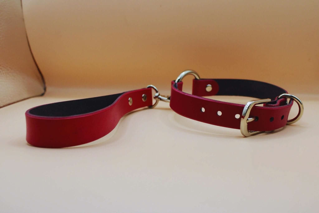 Red leather submissive collar featuring metal rings, perfect for BDSM and bondage gear, enhancing erotic lingerie styles.