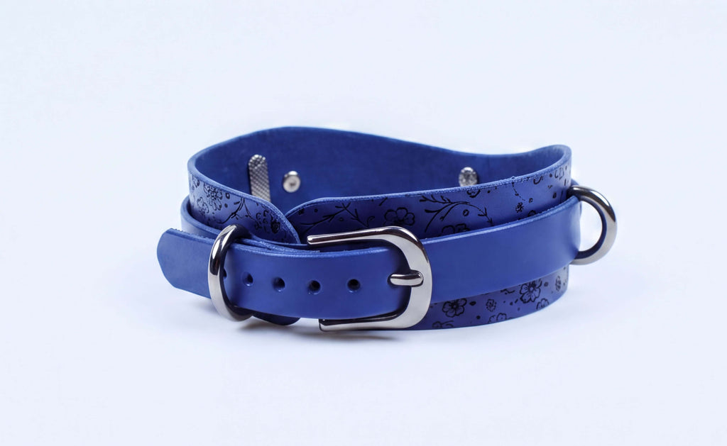 A blue leather choker collar with a metal buckle and a floral pattern on the strap.