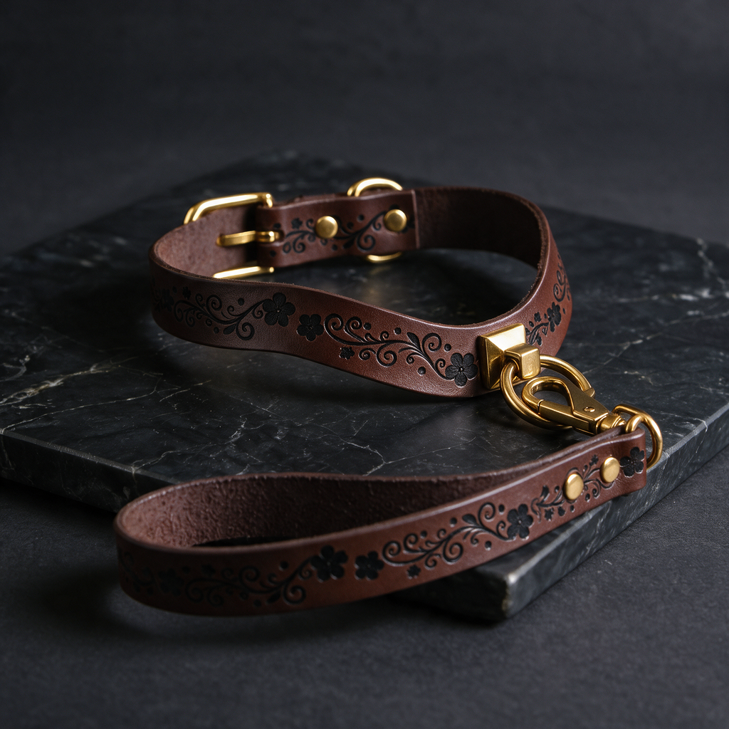 A brown leather dog collar with a decorative floral pattern and a gold-colored metal buckle is displayed on a black marble surface.