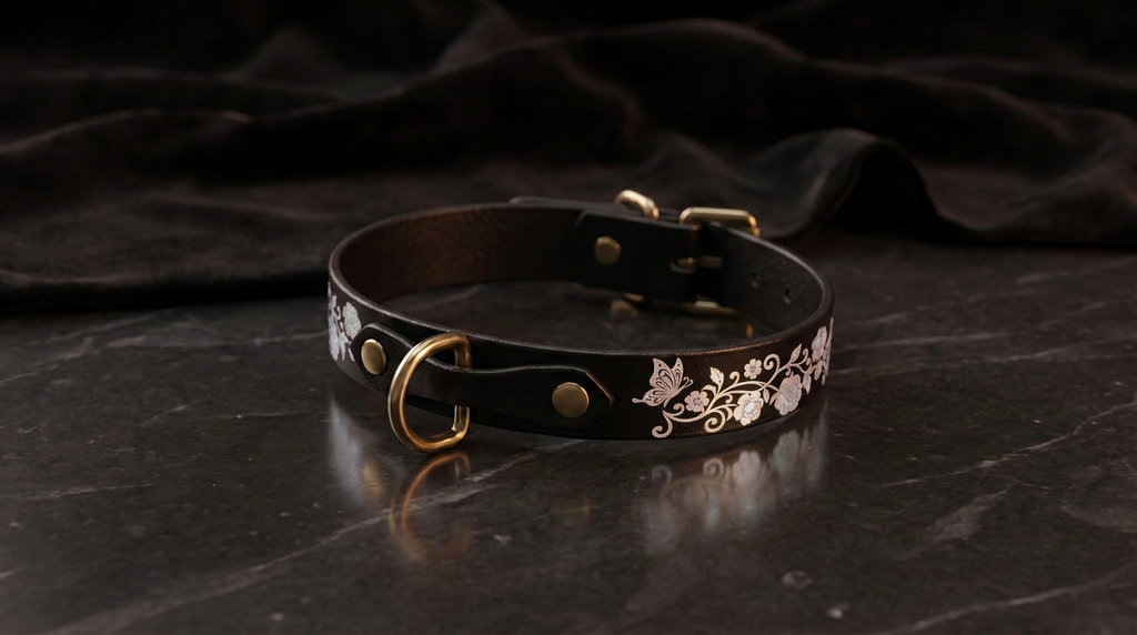 A black leather collar with a floral design and a gold-colored buckle is displayed on a dark surface.