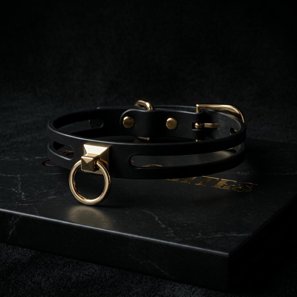 A black leather choker necklace with a gold-colored metal ring and buckle is displayed on a black surface, possibly a book or box.